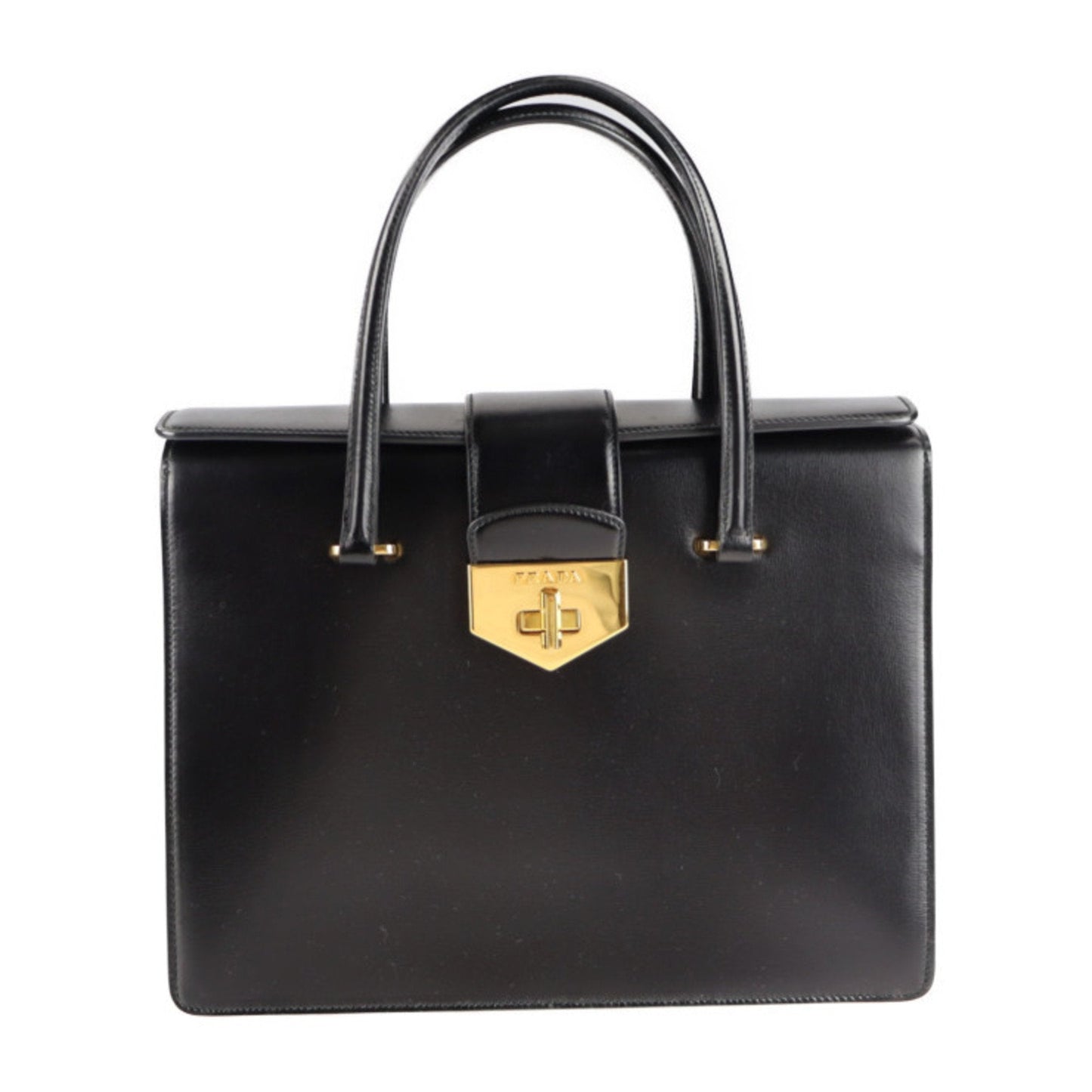 Prada Turn Lock Handbag Box Calf Black Yellow Travel Bag