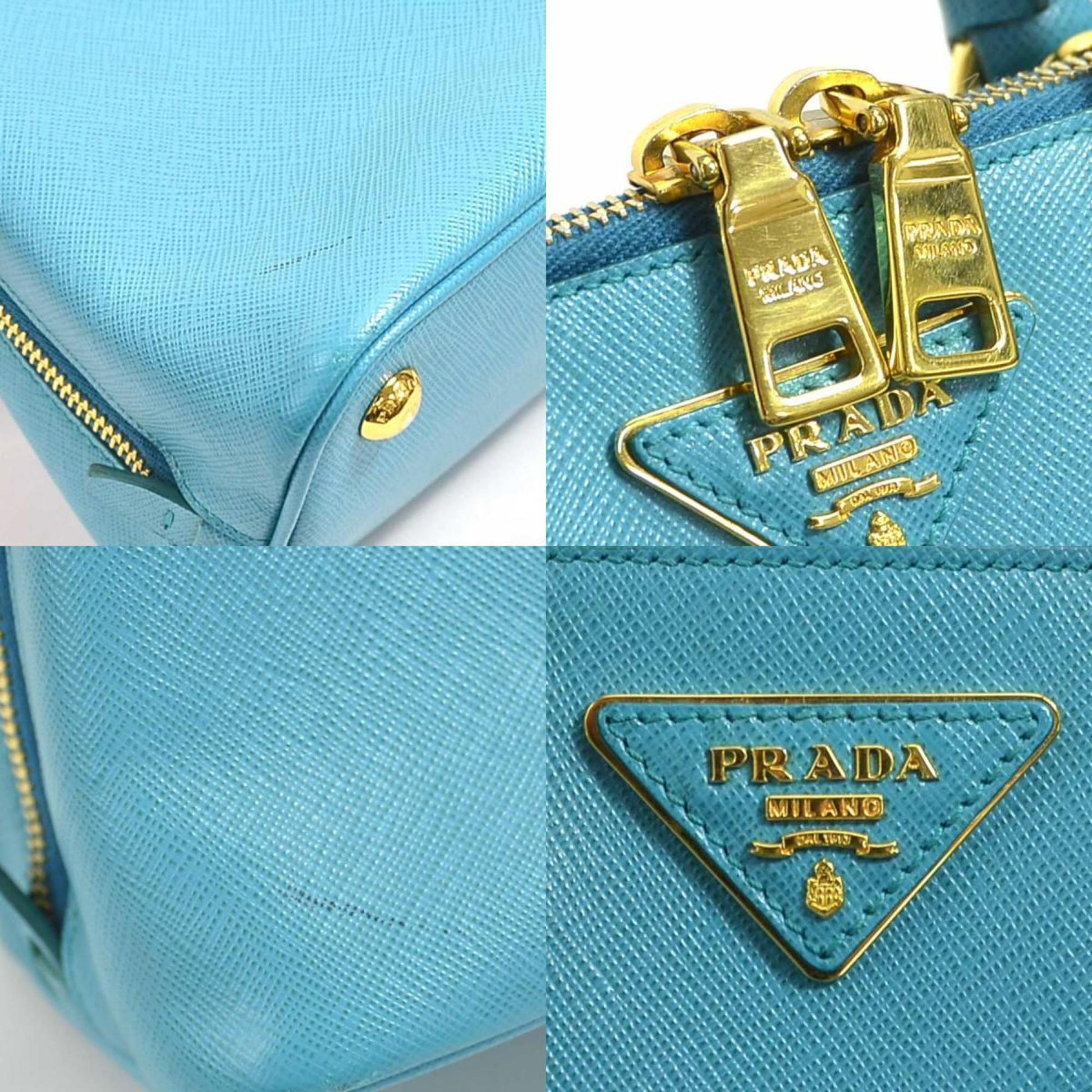 Prada Handbag Ladies Leather Blue Gold Travel Bag