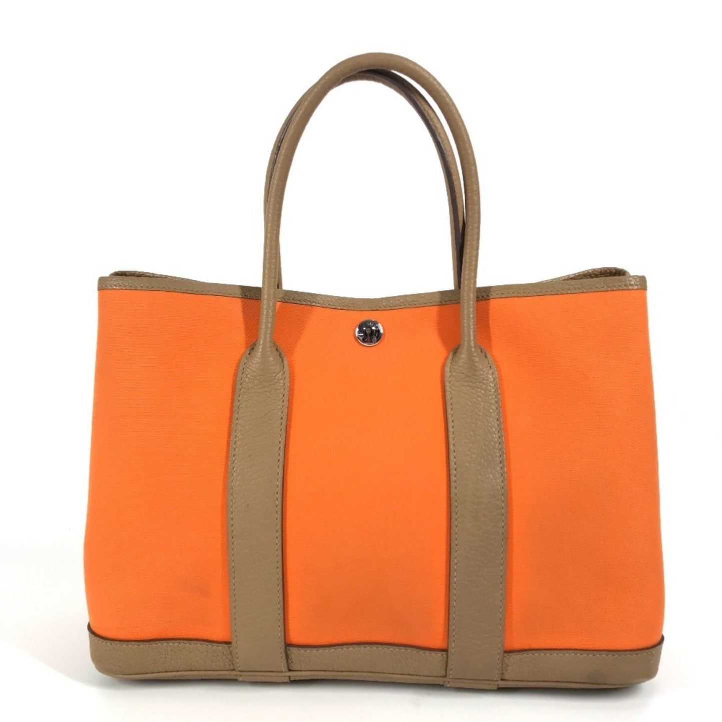 Hermes Garden Toile Officier Negonda Handbag Tote Bag Leather Brown Orange
