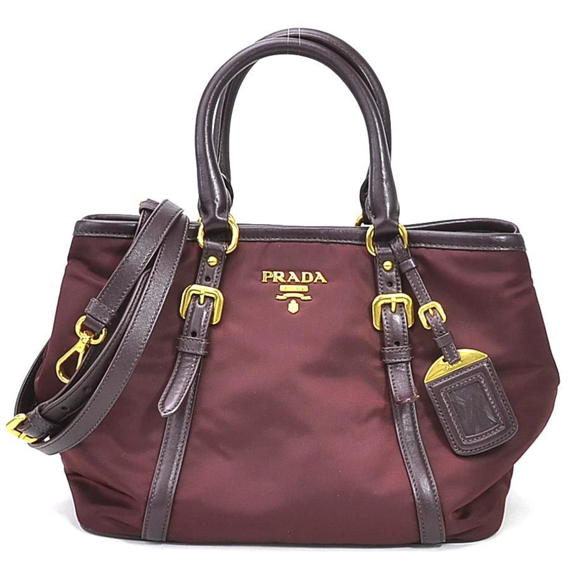 Prada Handbag Burgundy Ladies Leather Nylon Gold Travel Bag