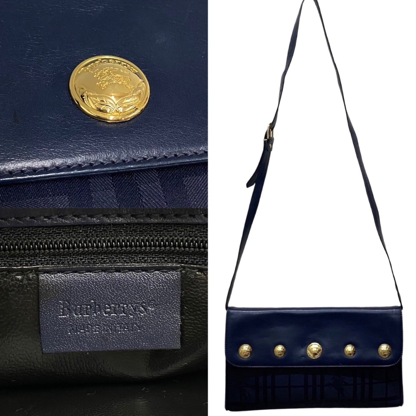 Burberry Clutch Bag Shoulder Bag Leather Nylon Navy
