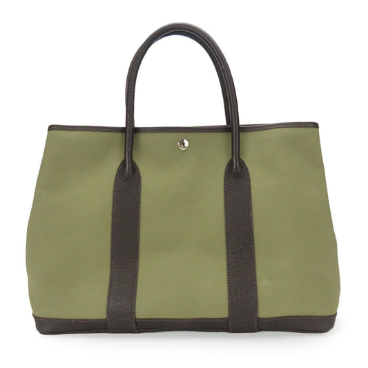 Hermes Khaki Tote Bag Leather Canvas Brown
