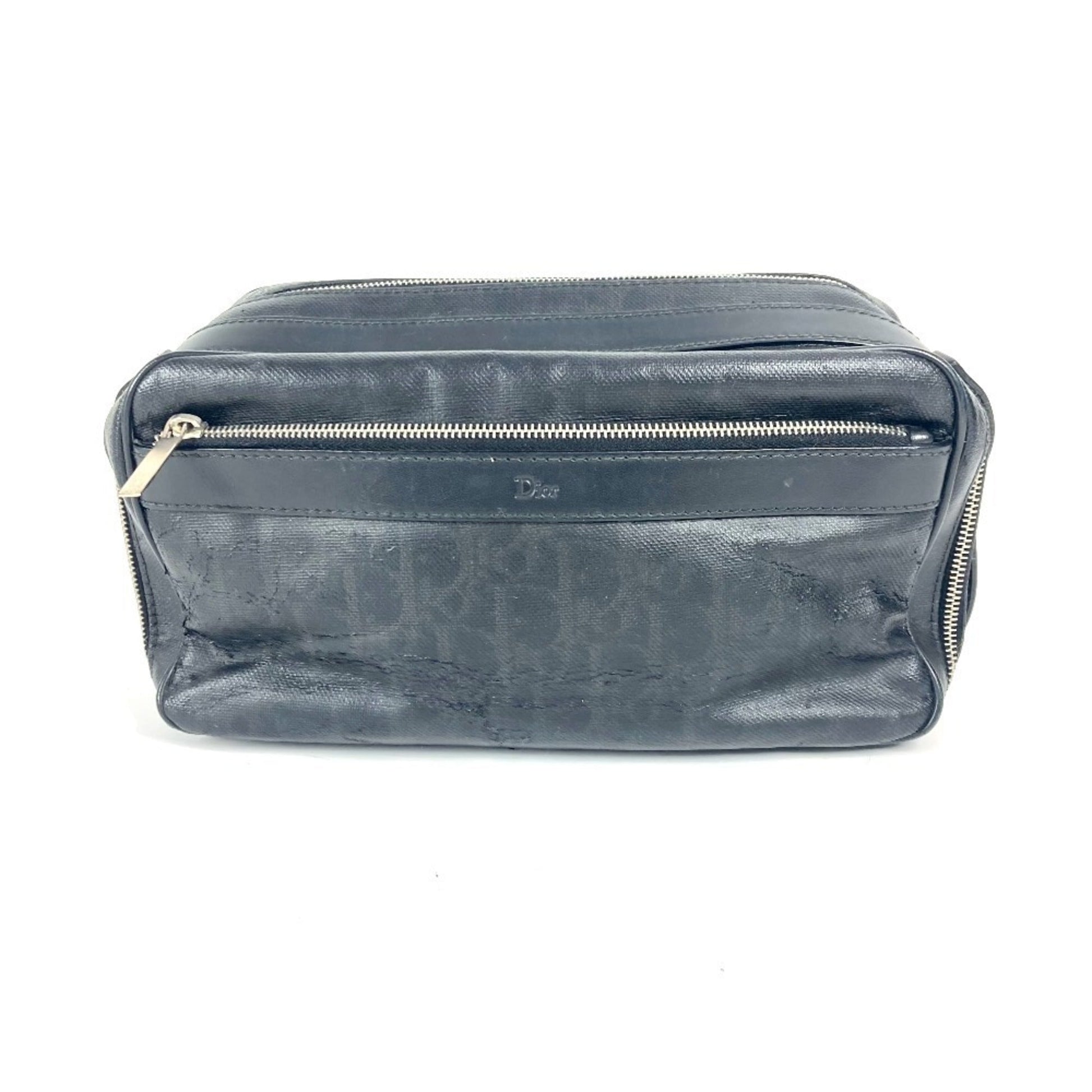 Dior Handbag Christian Coated Clutch Bag Pouch Leather Canvas Black