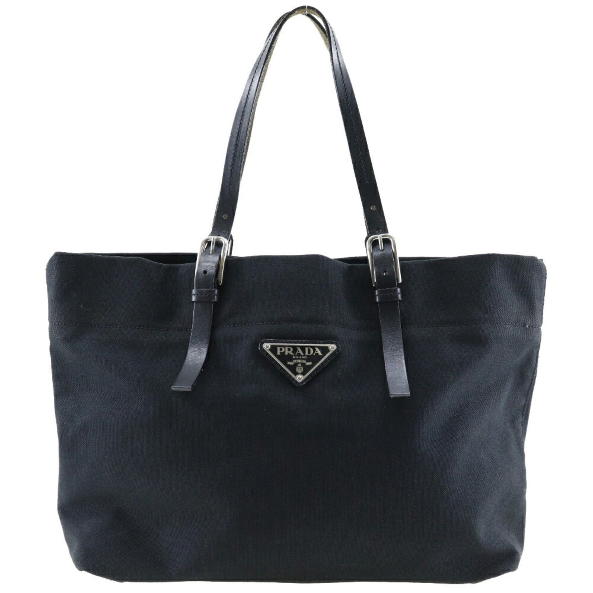 Prada Plate Tote Bag Made In Italy Shoulder Handbag Canvas Black Logo Shoulder Bag