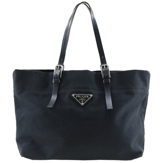 Prada Plate Tote Bag Made In Italy Shoulder Handbag Canvas Black Logo Shoulder Bag