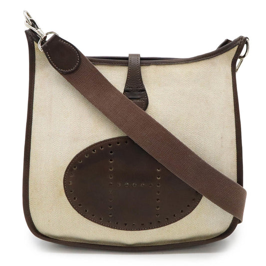 Hermes Dark Natural Toile Shoulder Bag Leather Brown