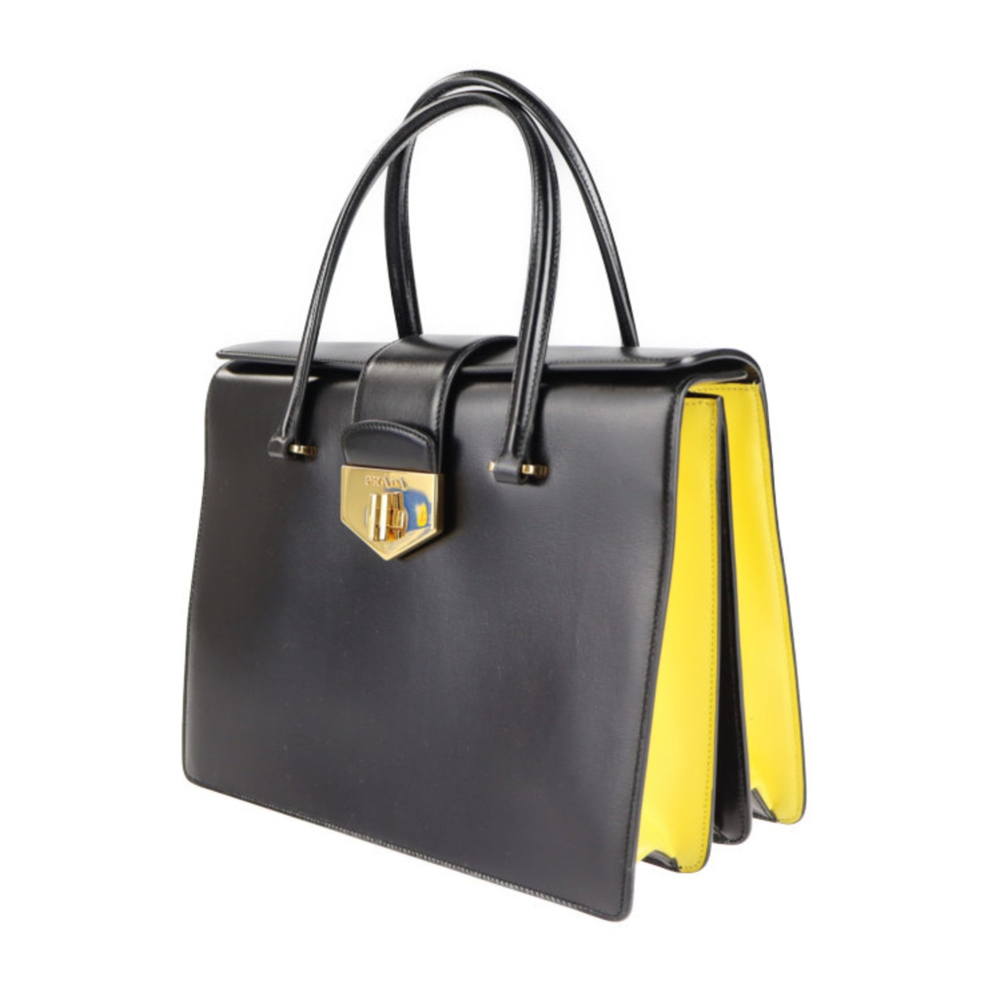 Prada Turn Lock Handbag Box Calf Black Yellow Travel Bag