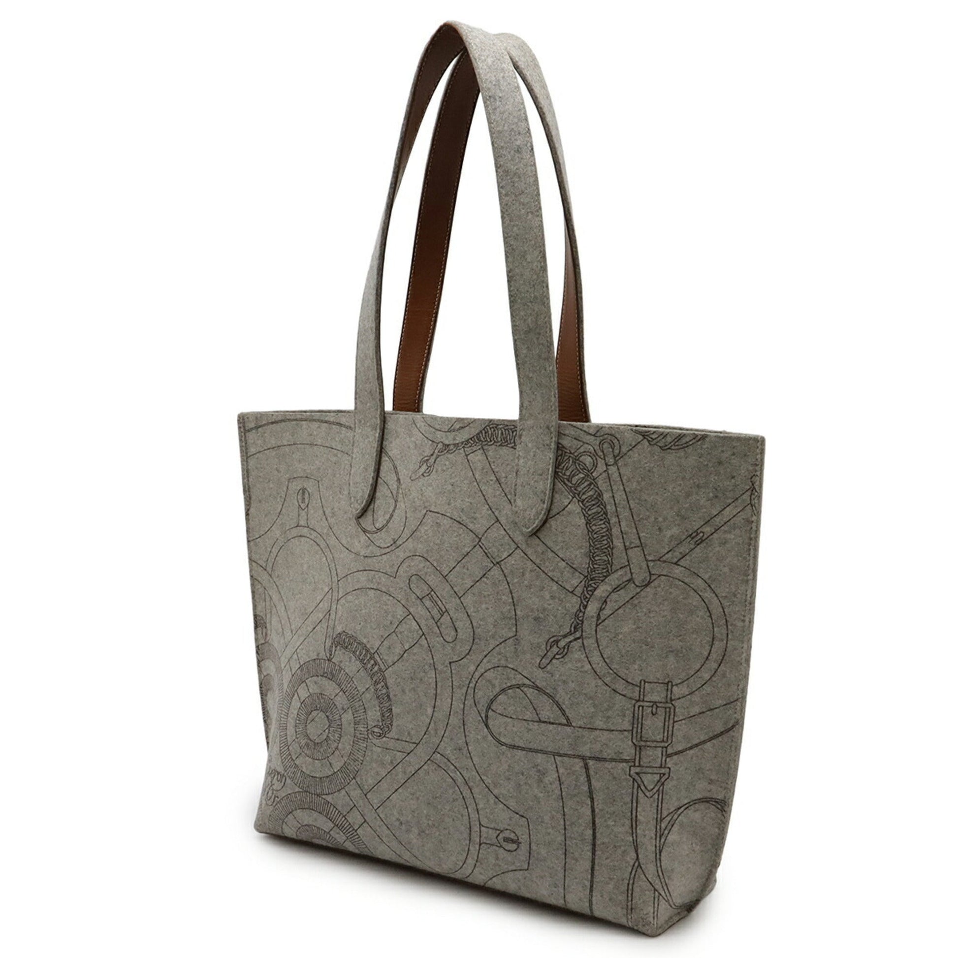 Hermes Felt Handbag Tote Bag Leather Brown Gray
