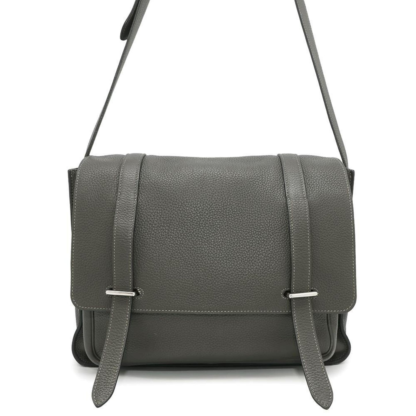 Hermes Taurillon Clemence Shoulder Bag Leather Gray