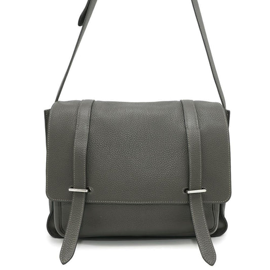 Hermes Taurillon Clemence Shoulder Bag Leather Gray