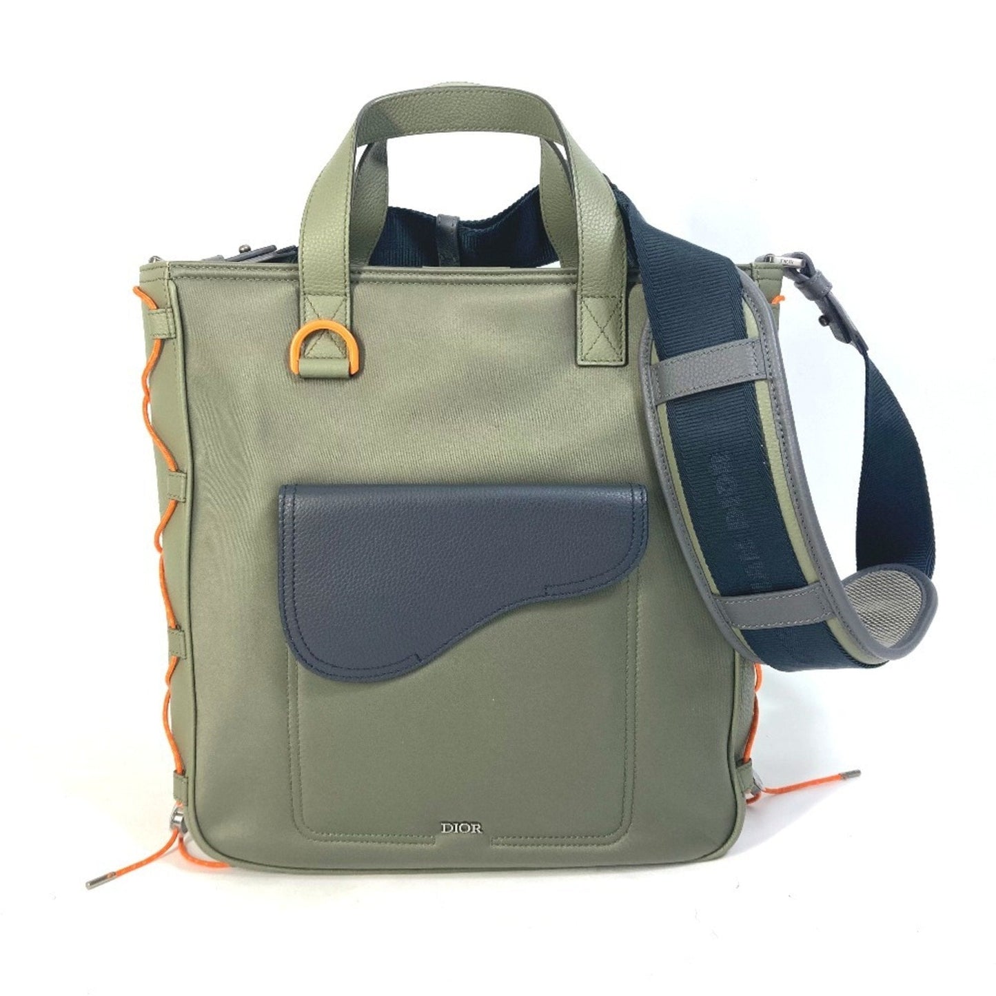 Dior Handbag Christian Khaki Shoulder Bag Tote Bag Leather Nylon Orange