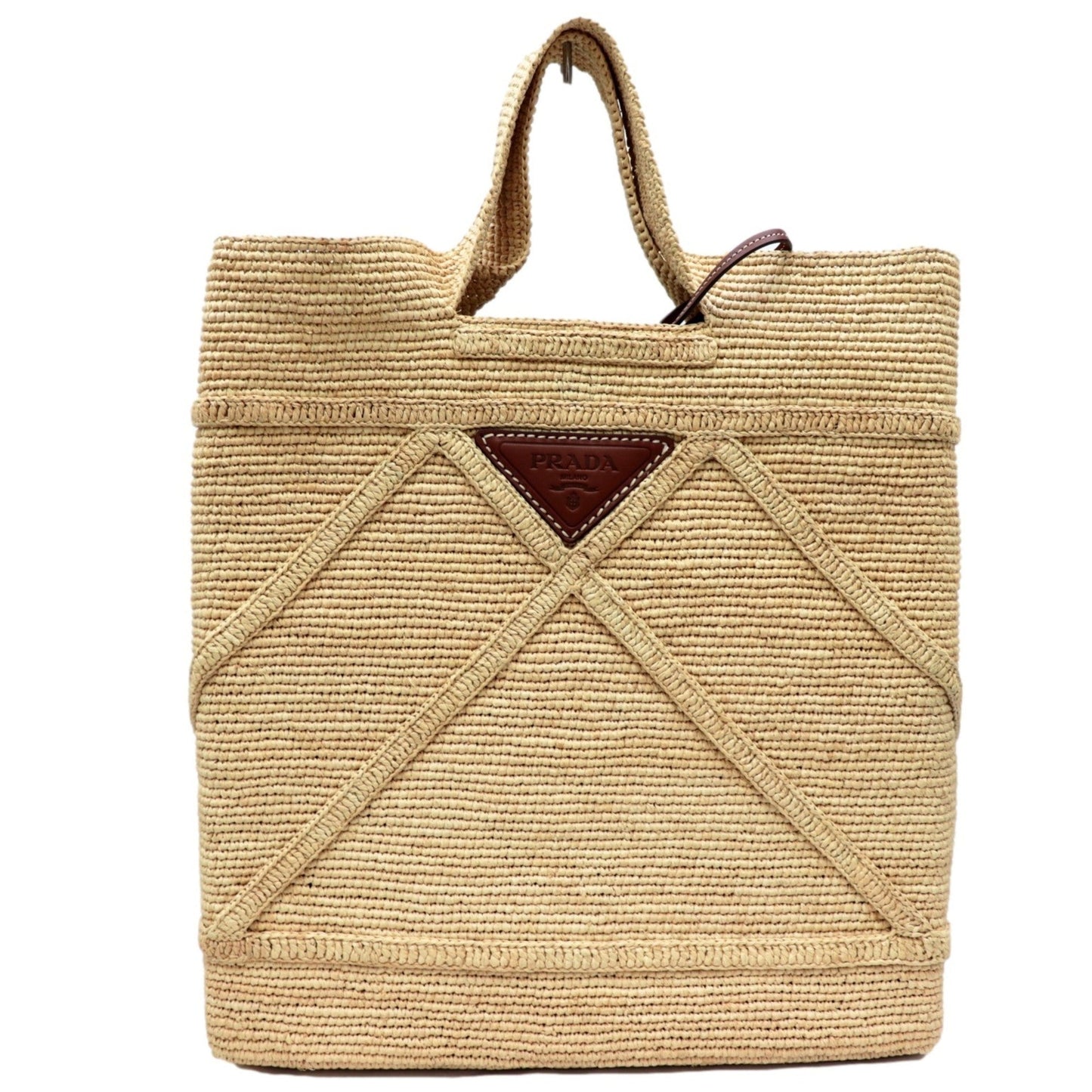 Prada Tote Bag Ladies Triangle Plate With Pouch Straw Leather Raffia Beige