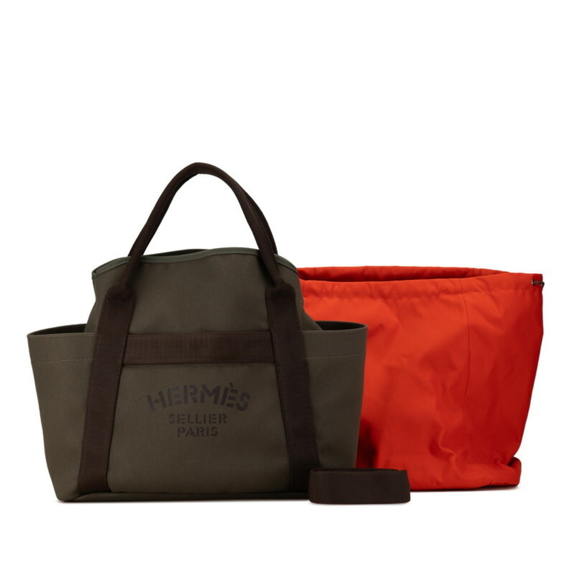 Hermes Khaki Shoulder Bag Tote Bag Leather Canvas