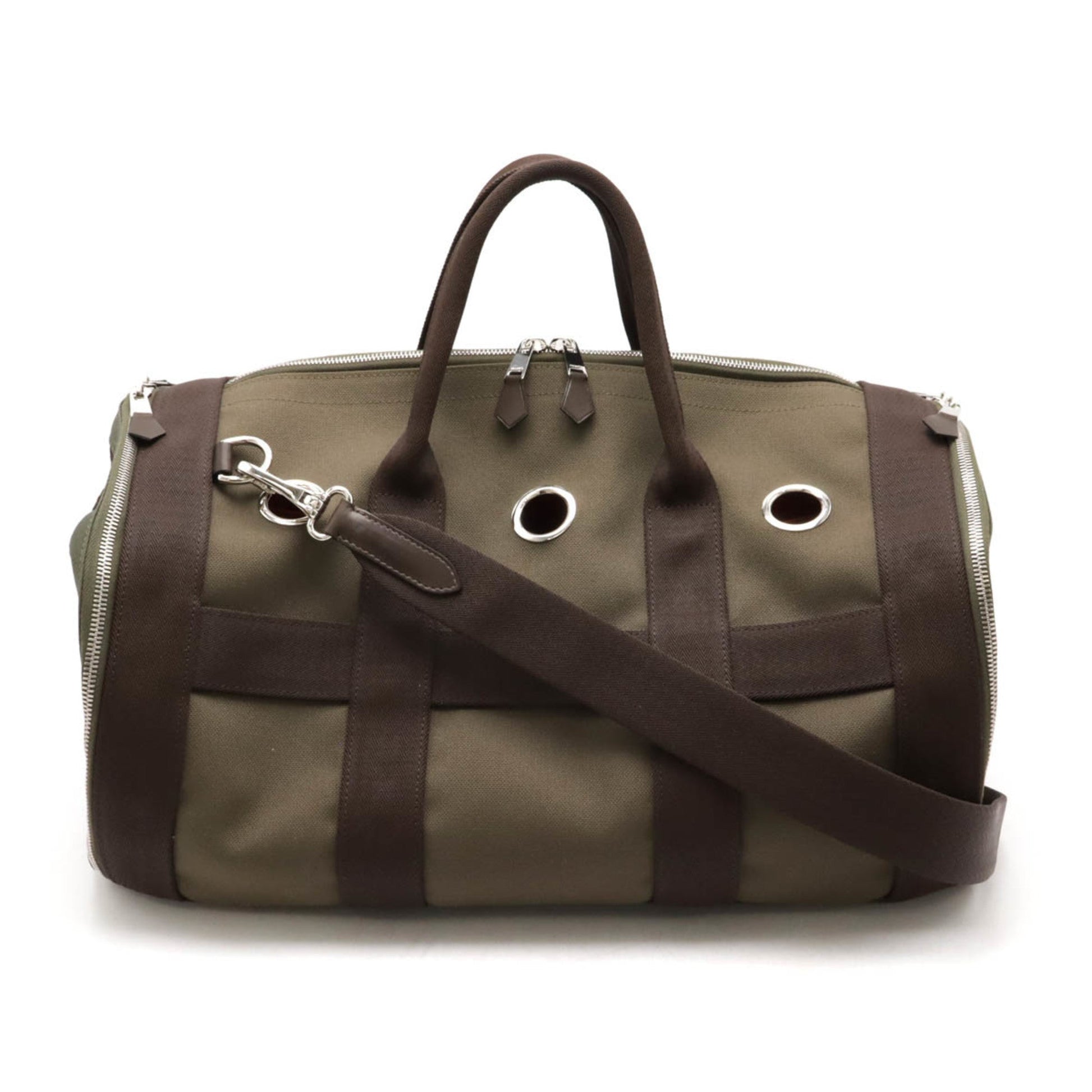 Hermes Dark Khaki Boston Bag Shoulder Bag Leather Canvas Brown