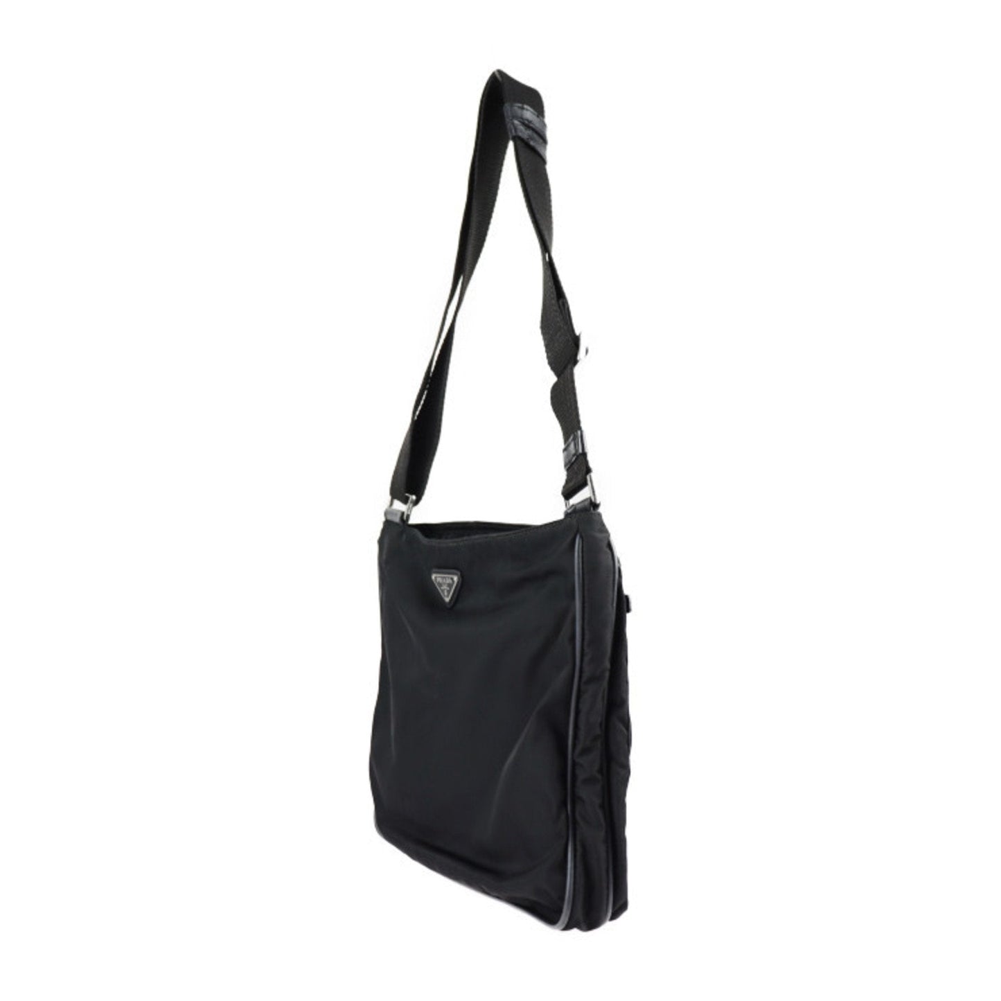Prada Shoulder Bag Hardware Messenger Triangle Plate Leather Nylon Black