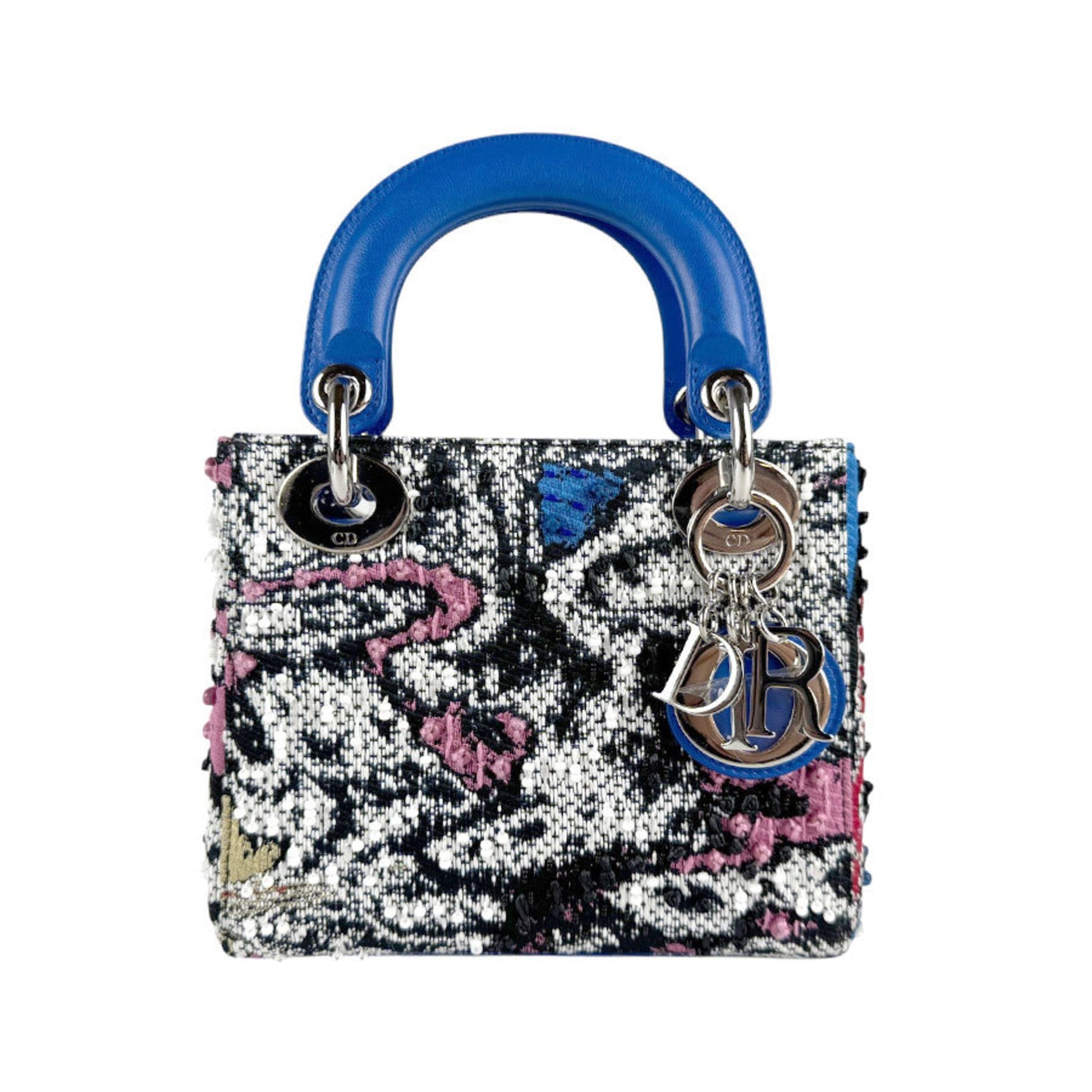 Dior Handbag Christian Tweed Shoulder Bag Leather Black Blue