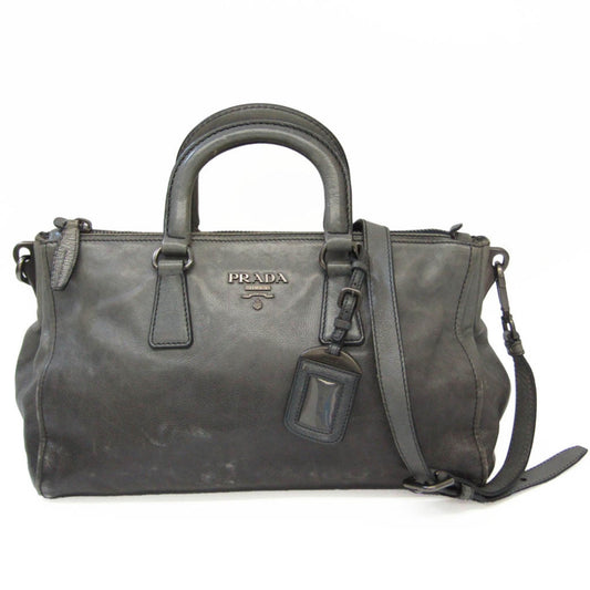 Prada Women Handbag Shoulder Bag Leather Gray Navy