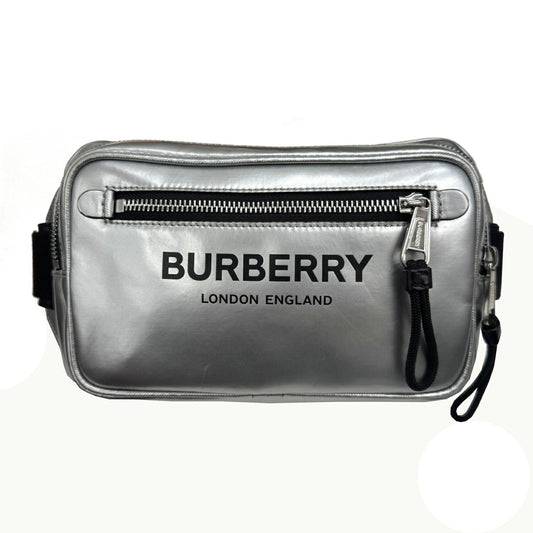 Burberry Metallic Shoulder Bag Sling Bag Leather Canvas Silver