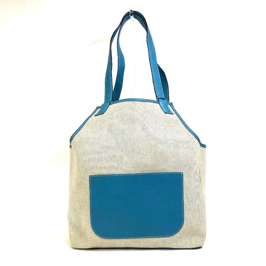 Hermes Jardinier Natural Toile Taurillon Clemence Shoulder Bag Tote Leather Blue
