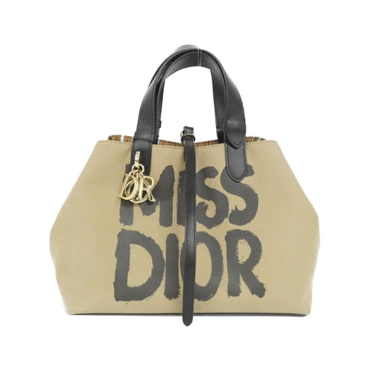 Dior Handbag Christian Cotton Leather Black Beige