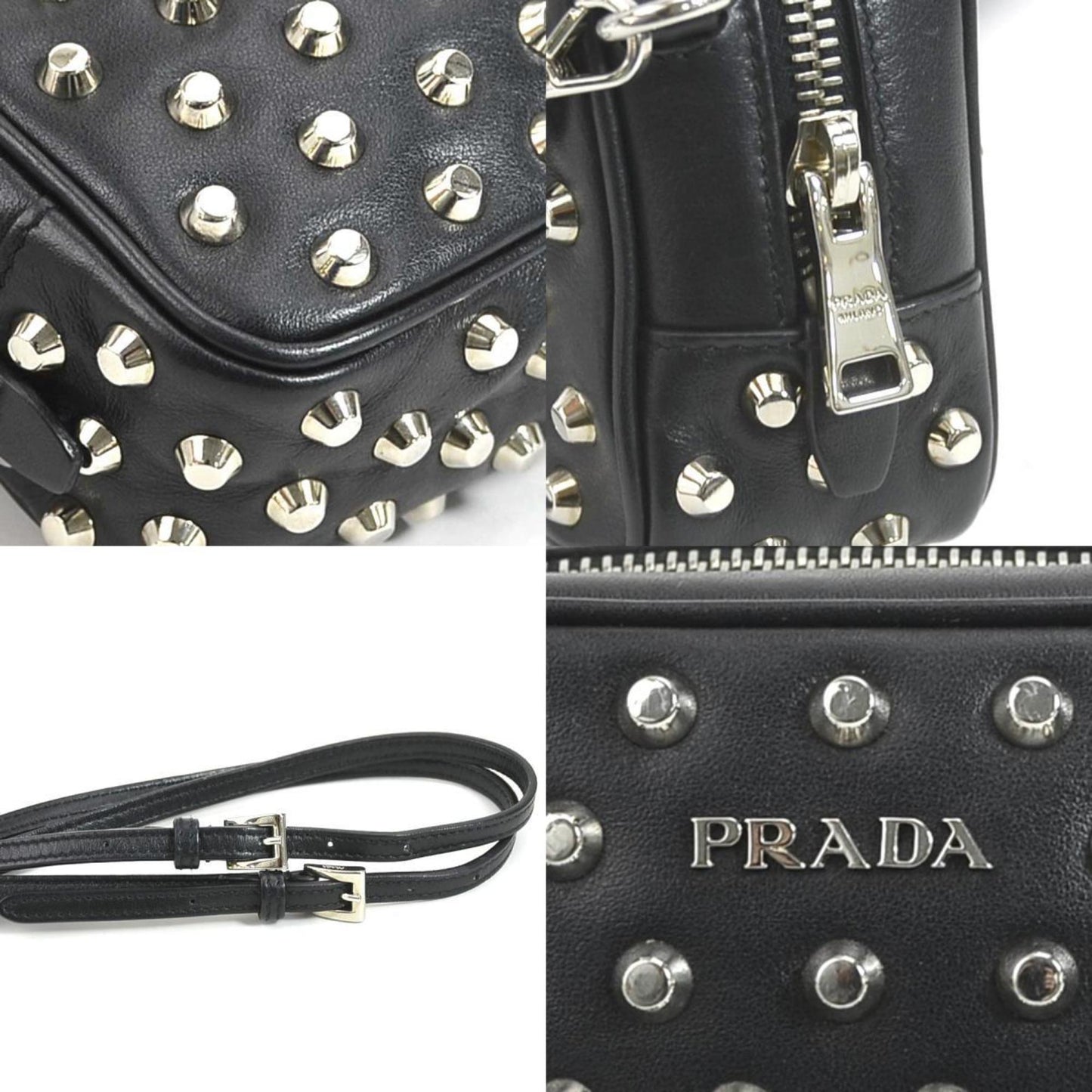 Prada Crossbody Shoulder Bag Studded Unisex Leather Metal Black
