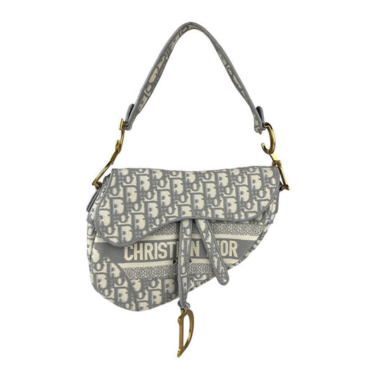 Dior Handbag Christian Saddle Bag Shoulder Bag Canvas White Gray