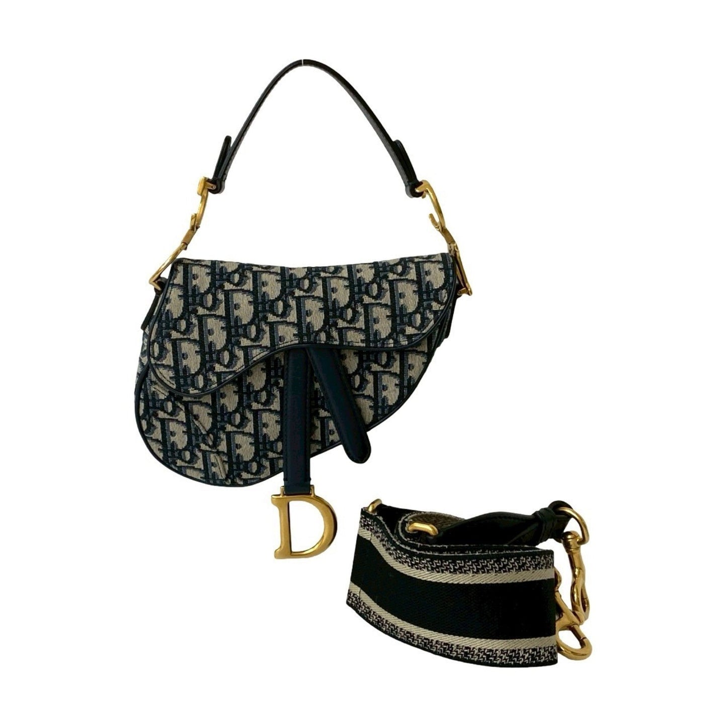 Dior Handbag Christian Saddle Bag Shoulder Bag Leather Canvas Blue