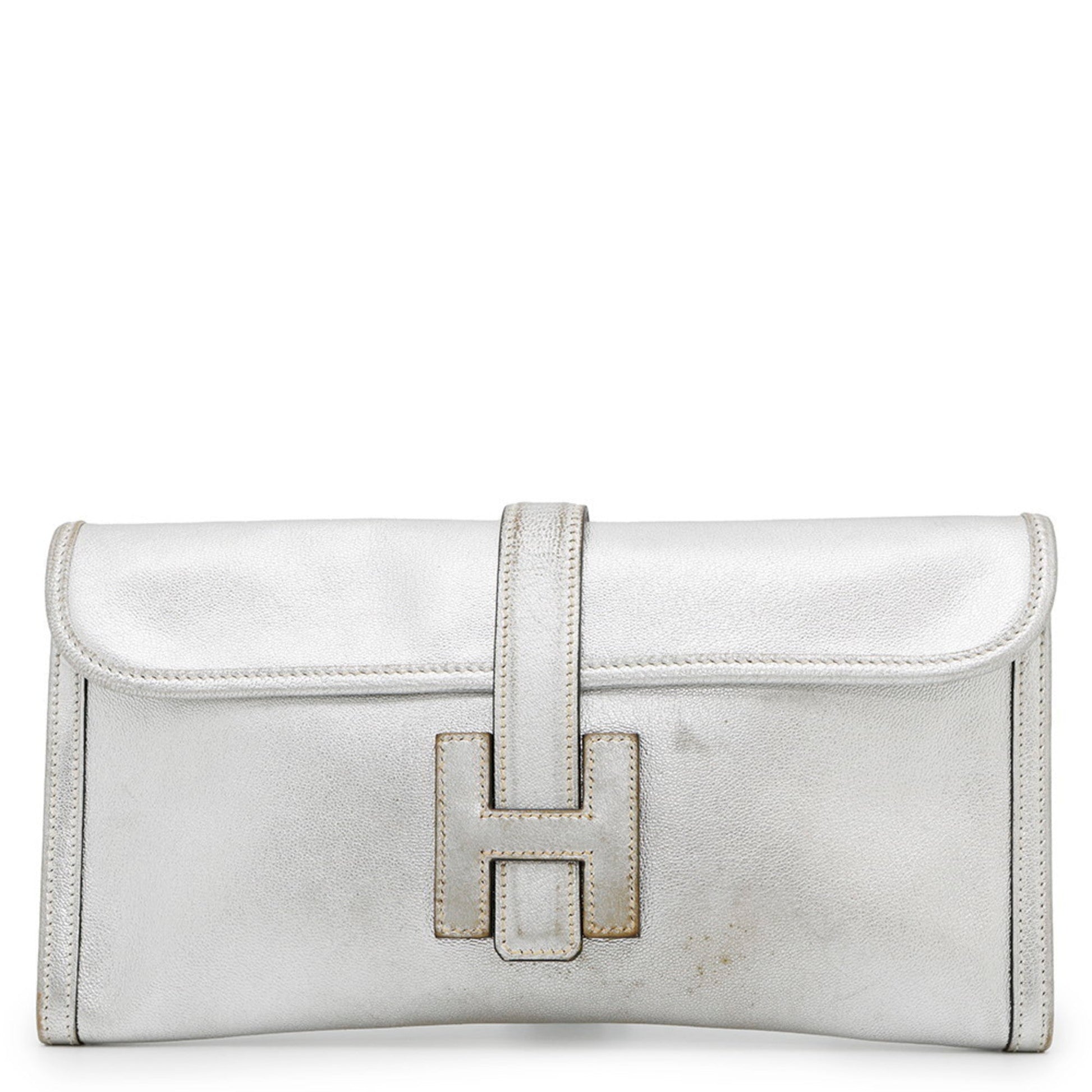 Hermes Jige Chevre Re Clutch Bag Leather Silver