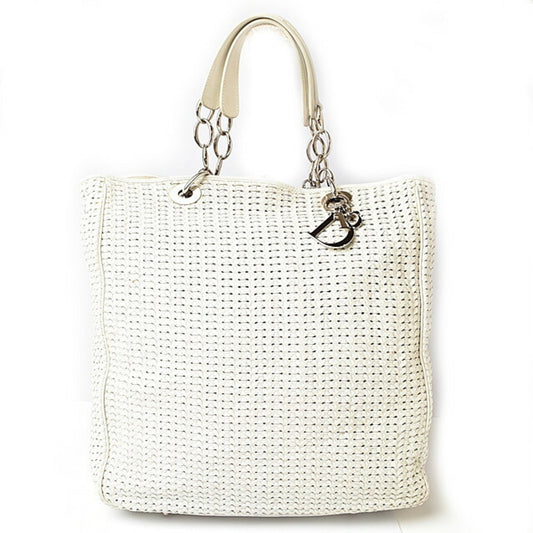 Dior Handbag Christian Lady Tote Bag Leather White Silver