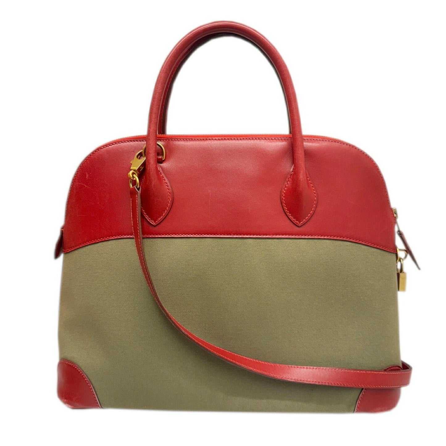 Hermes Khaki Rouge Garance Toile Officier Box Calf Handbag Leather Calf Leather Shoulder Bag