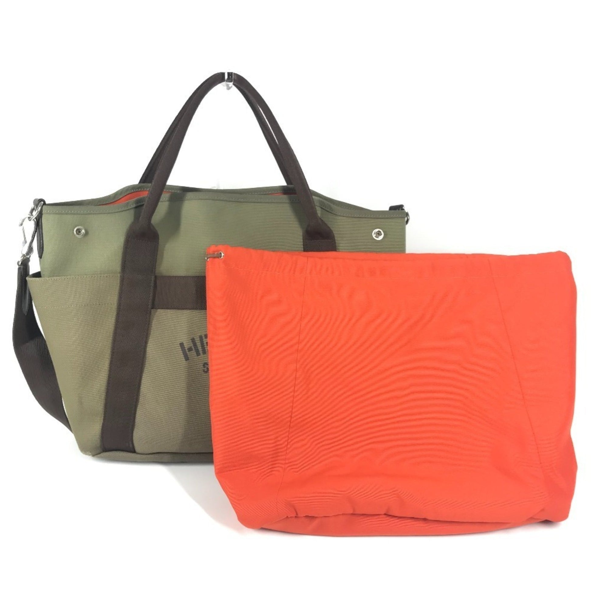 Hermes Khaki Shoulder Bag Tote Bag Leather Canvas Brown
