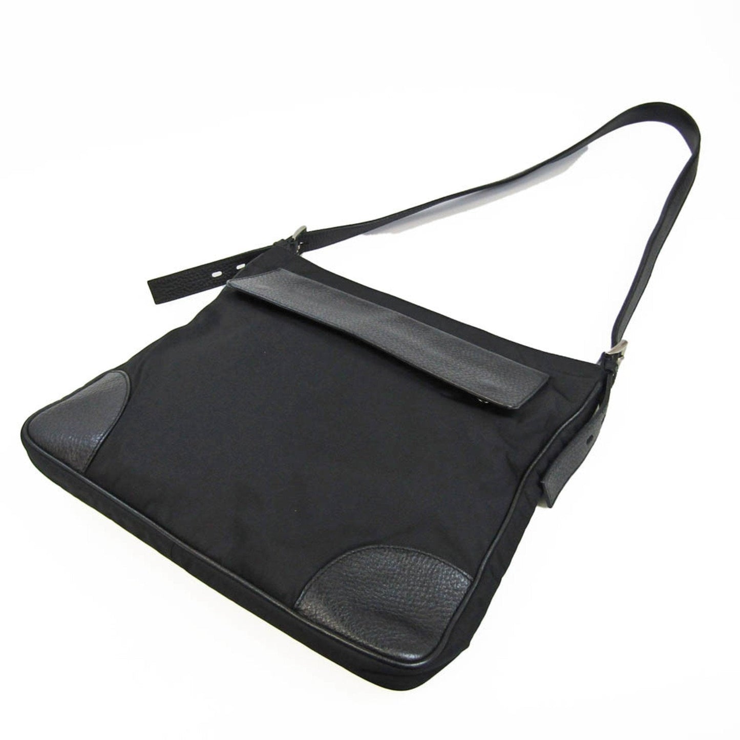 Prada Tessuto Women Men Shoulder Bag Nero Leather Canvas Nylon