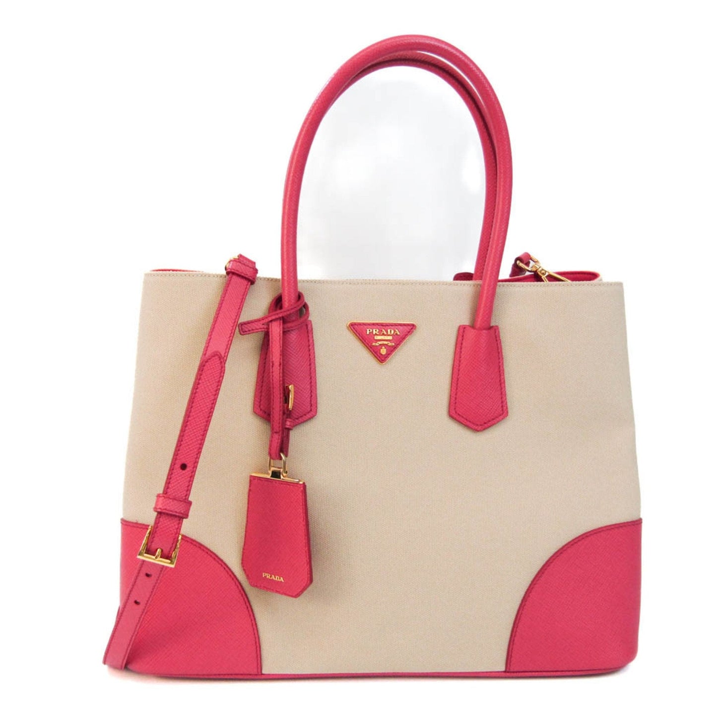 Prada Canapa Women Handbag Shoulder Bag Leather Canvas Beige