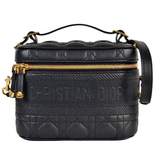 Dior Handbag Christian Shoulder Bag Vanity Bag Leather Canvas Black