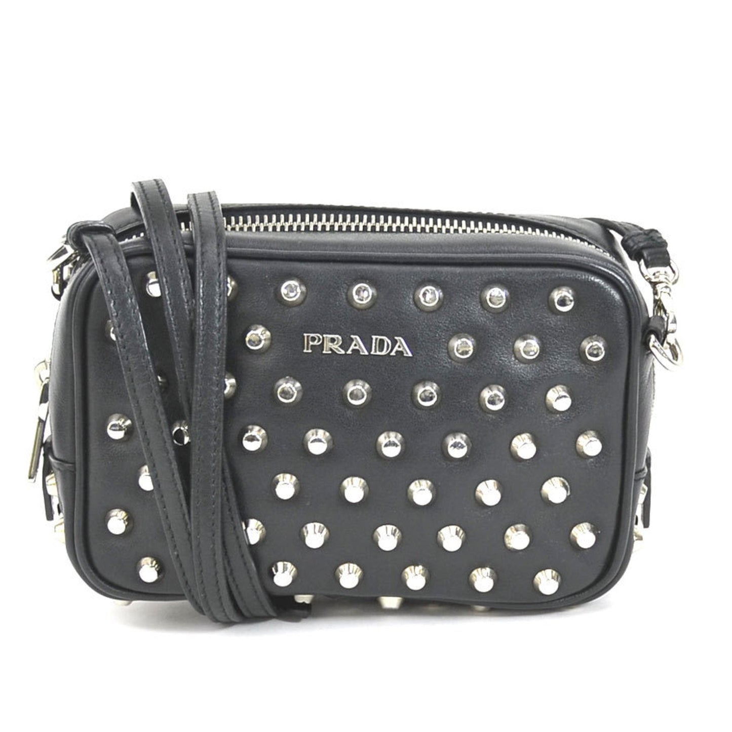 Prada Crossbody Shoulder Bag Studded Unisex Leather Metal Black