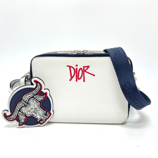 Dior Handbag Christian Shoulder Bag Leather White Navy