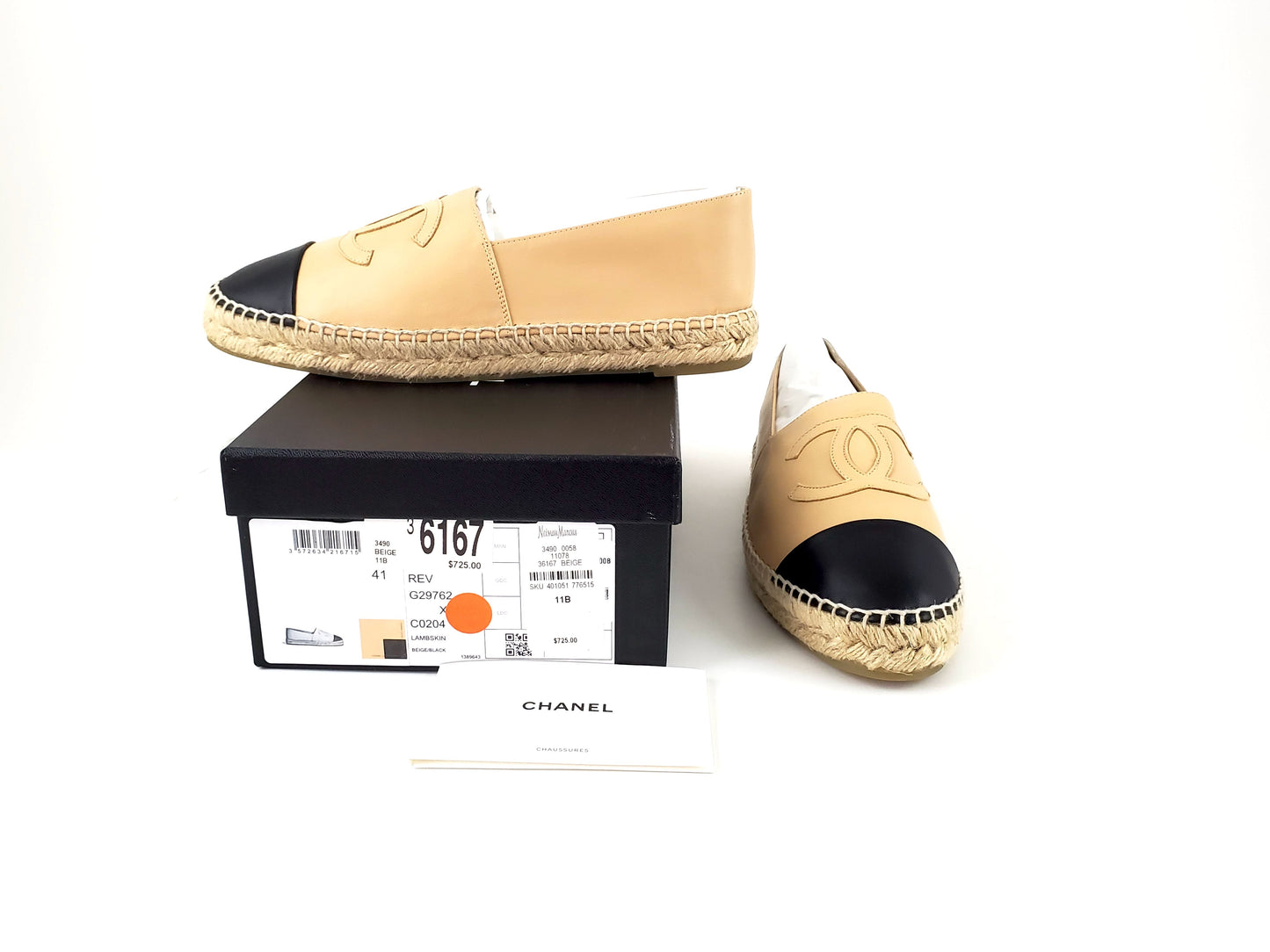 Chanel Beige Black Lambskin Round Toe Espadrilles 41 Accessory
