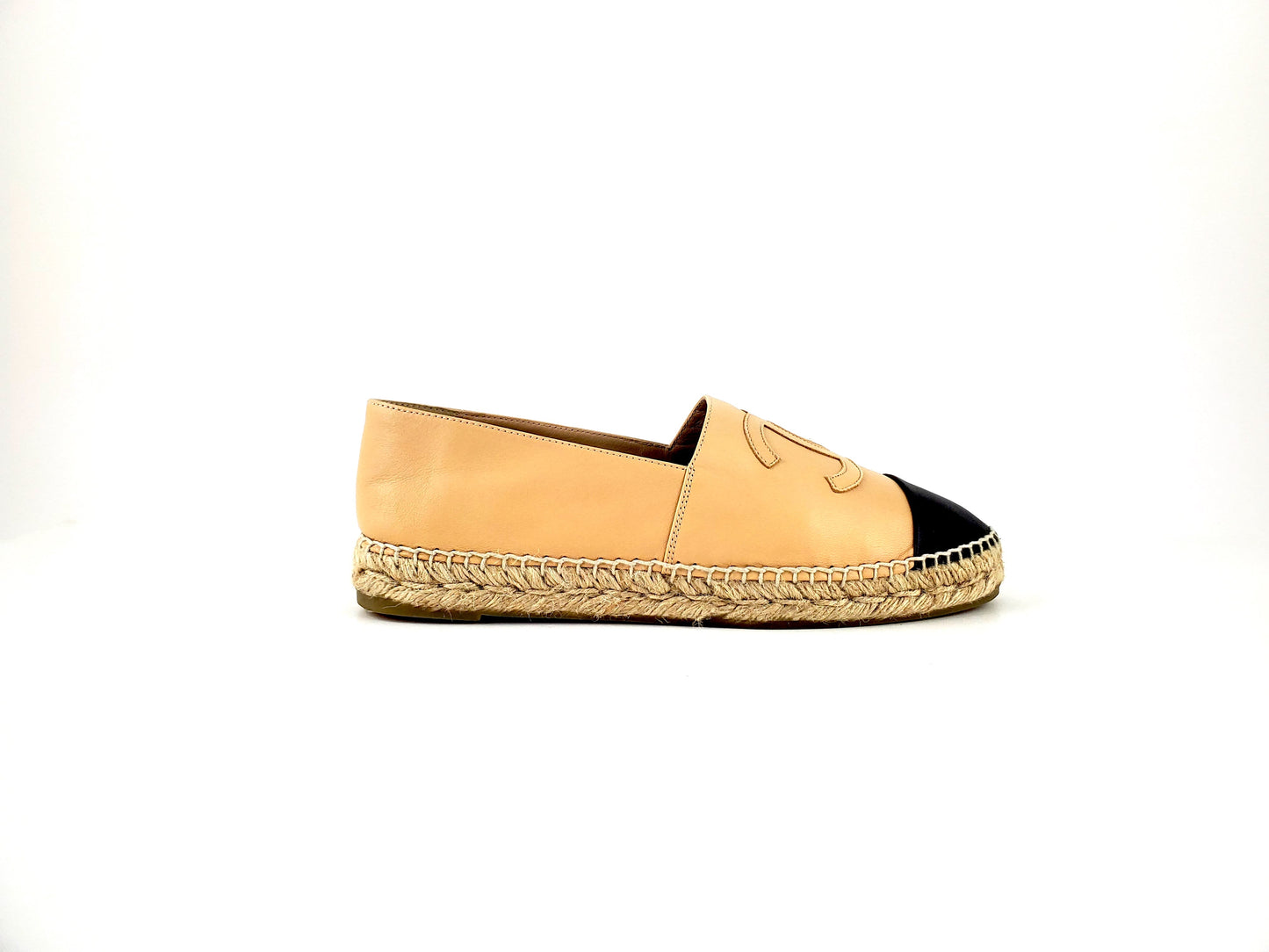 Chanel Beige Black Lambskin Round Toe Espadrilles 41 Accessory