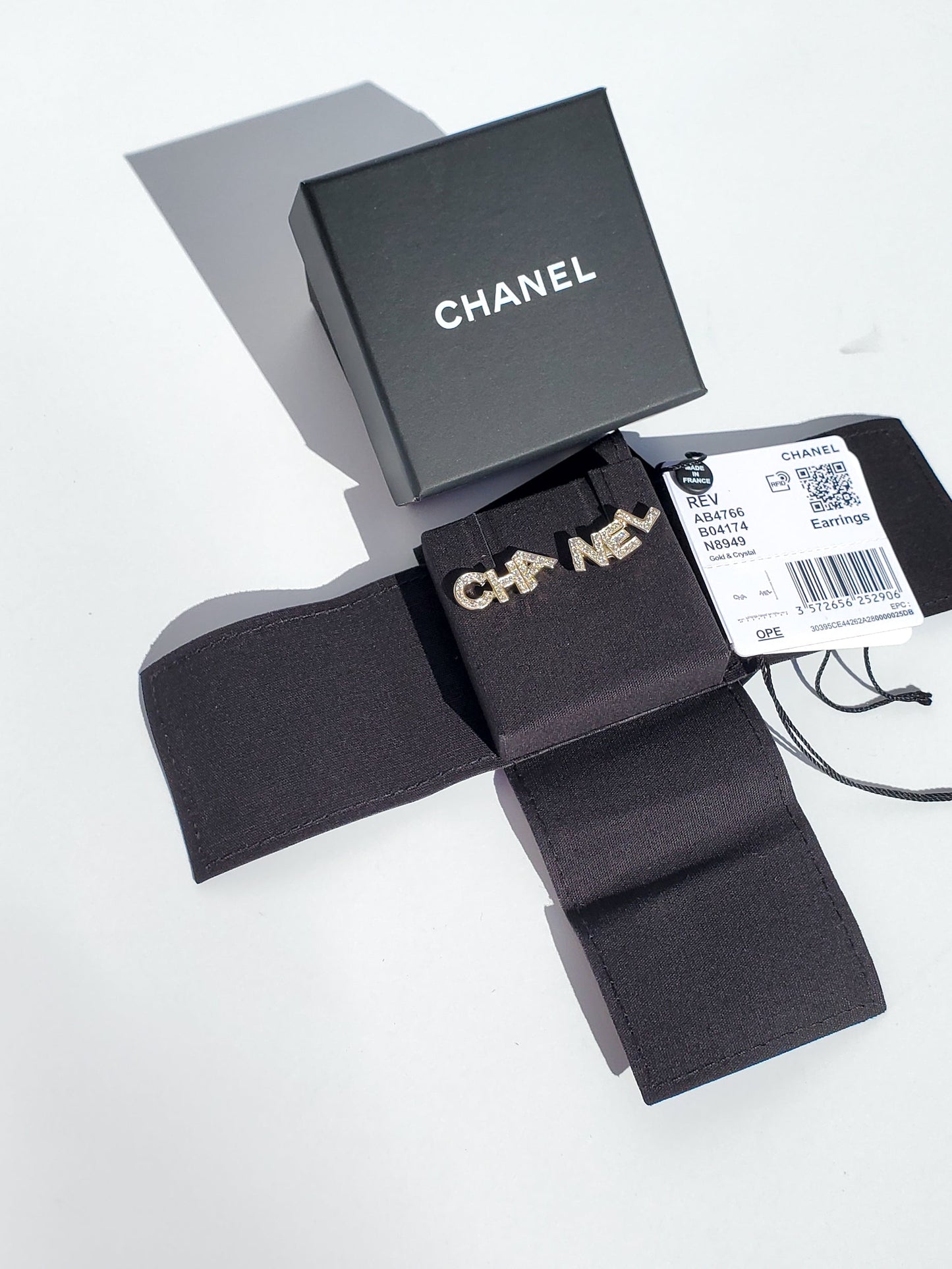 Chanel New 2021 Gold and Crystal Logo Stud Signature Earrings Jewelry