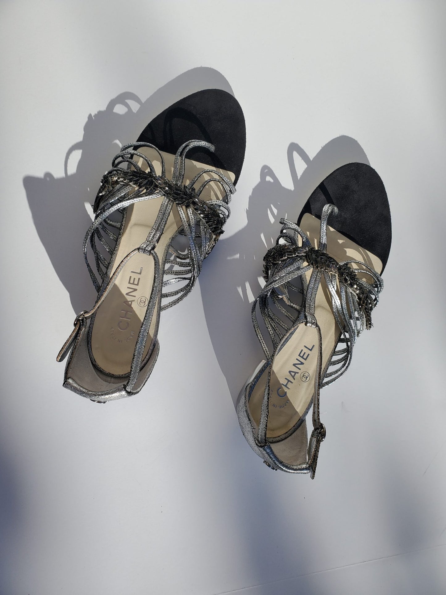 Chanel Silver Metallic Embellished Black T Strap CC Logo Flat Sandals 41