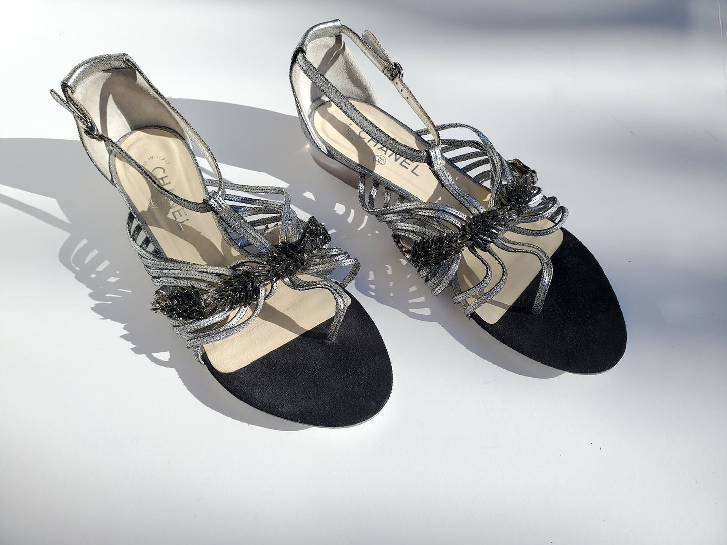 Chanel Silver Metallic Embellished Black T Strap CC Logo Flat Sandals 41