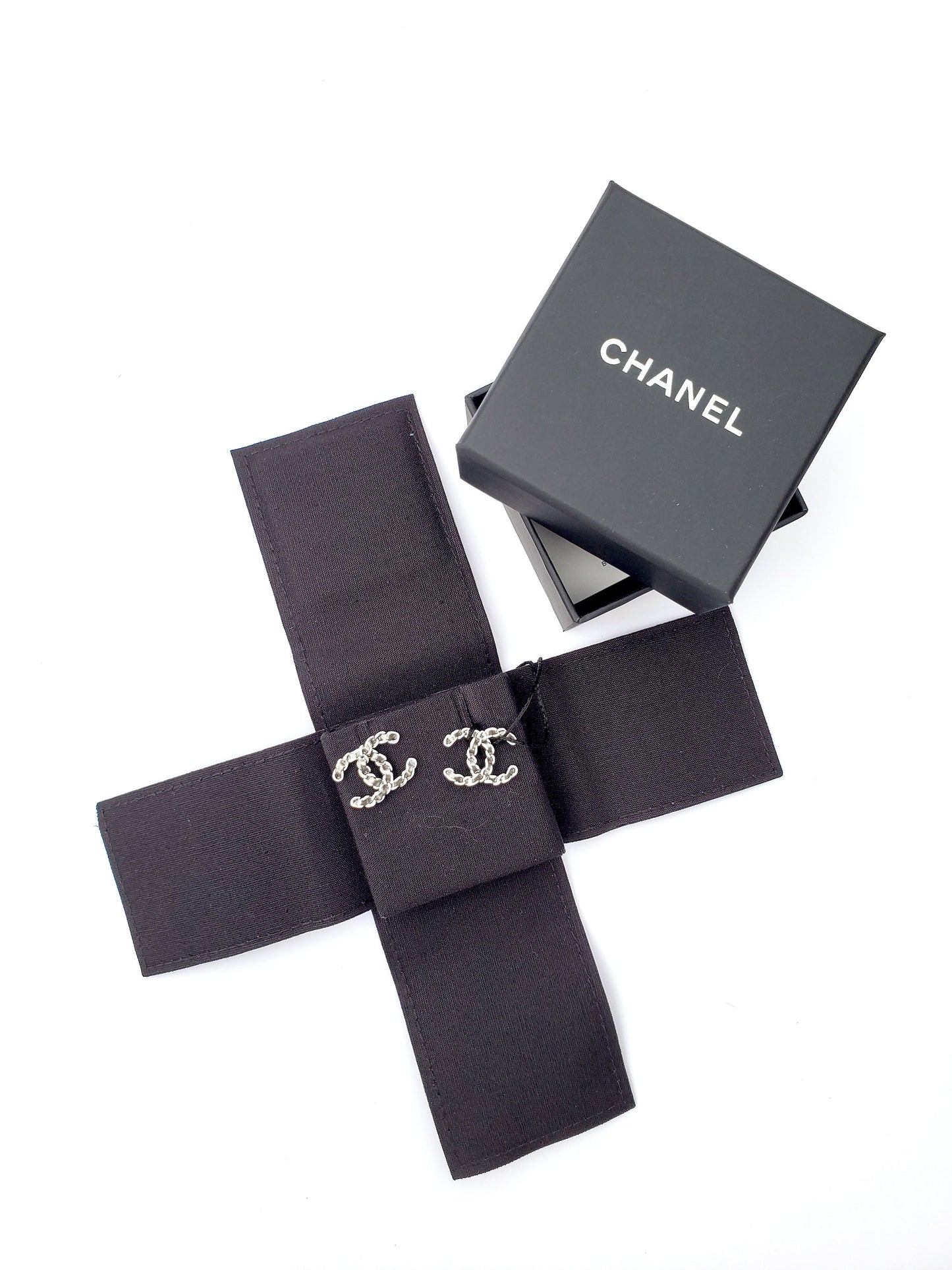 Chanel New CC Logo Ruthenium White Stud Earrings Jewelry