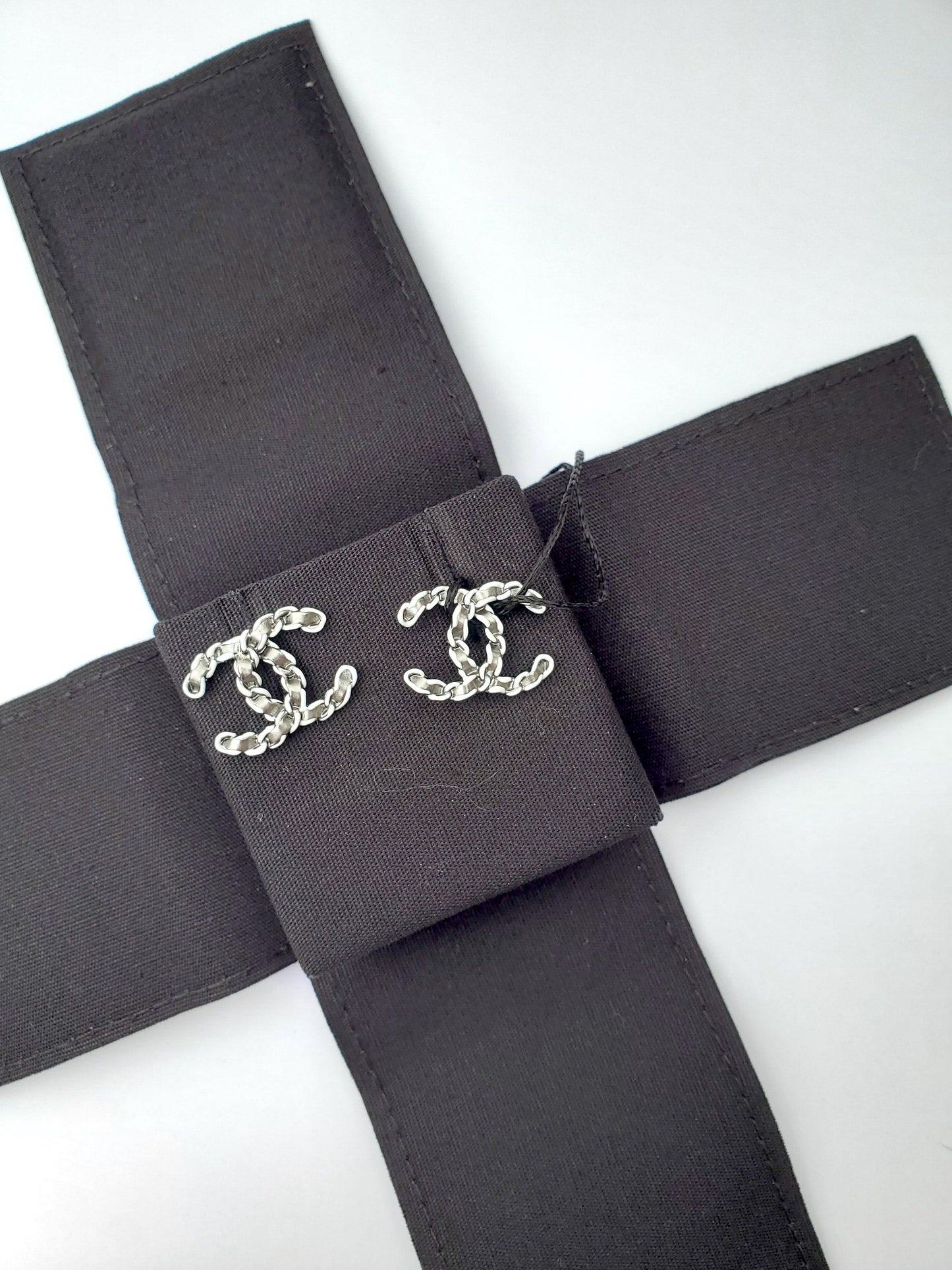 Chanel New CC Logo Ruthenium White Stud Earrings Jewelry