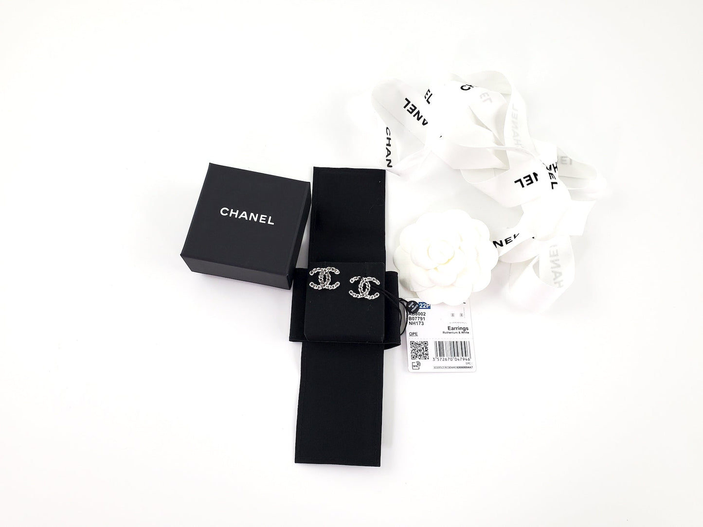 Chanel New CC Logo Ruthenium White Stud Earrings Jewelry