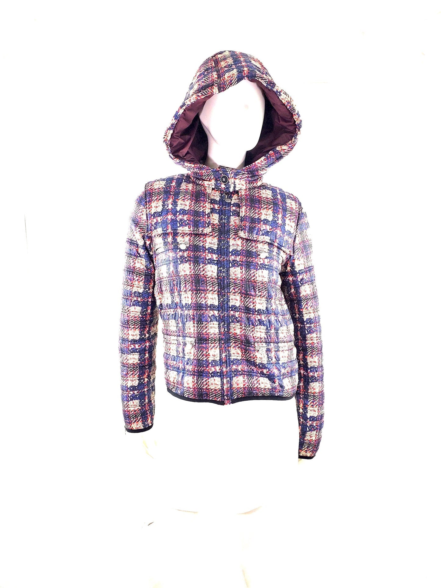 Chanel 2014 Tweed Print Navy Beige Nylon Hooded Jacket 38