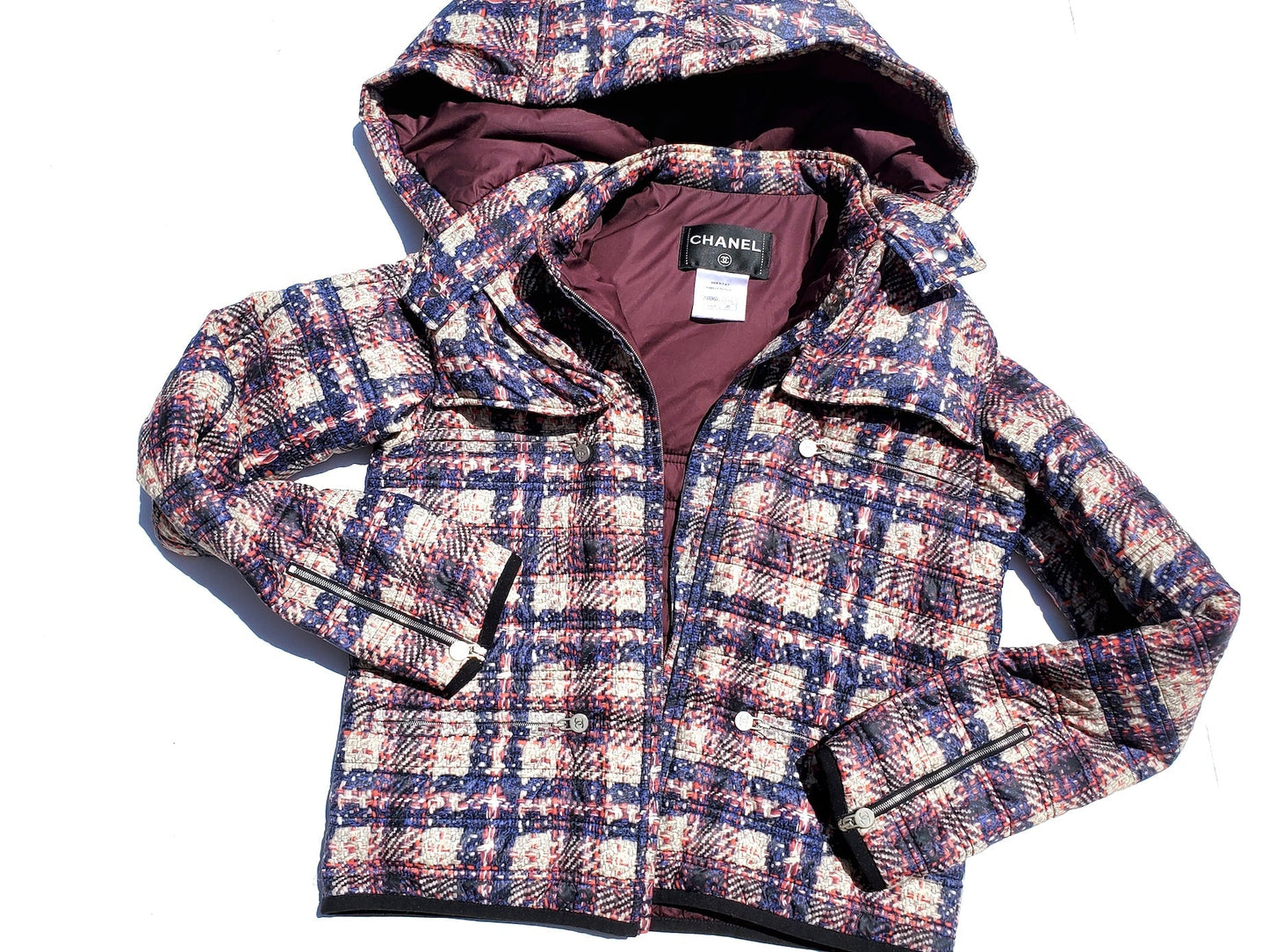 Chanel 2014 Tweed Print Navy Beige Nylon Hooded Jacket 38
