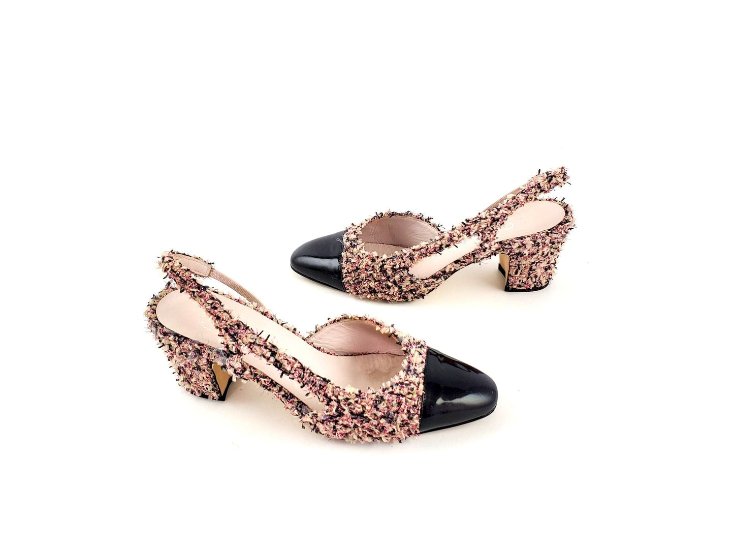 Chanel Tweed Pink Black Slingback Pumps 36
