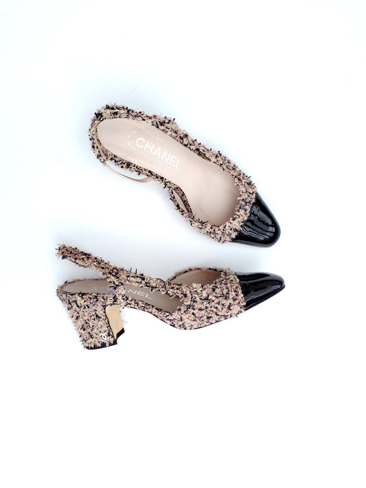 Chanel Tweed Pink Black Slingback Pumps 36
