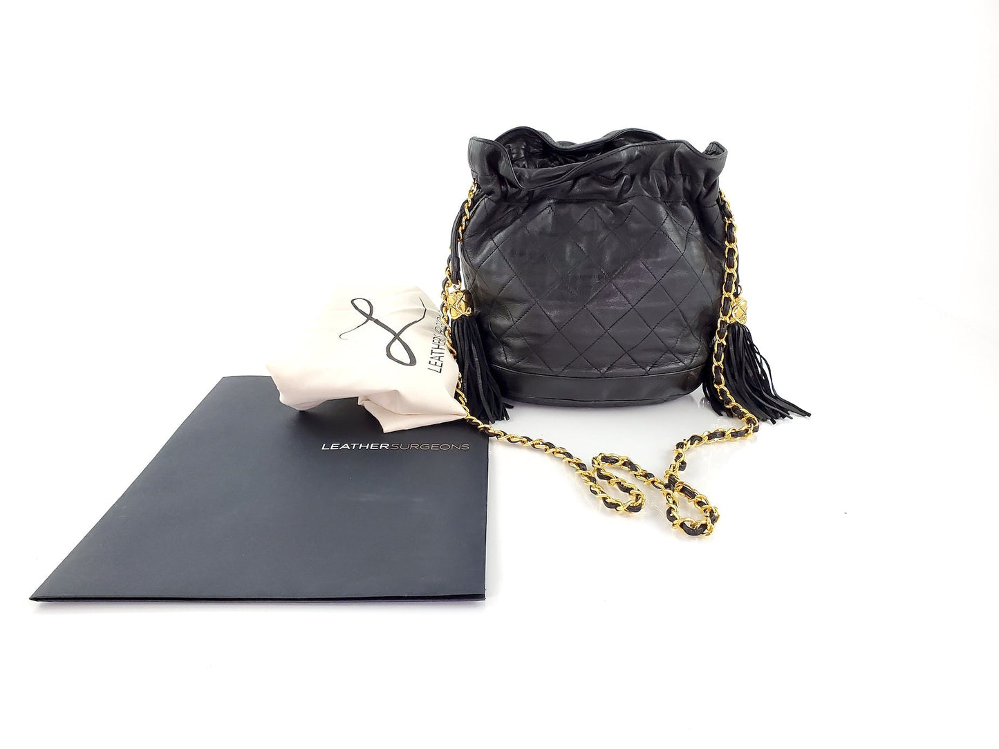 Chanel Gold Black Leather Quilted Bucket Bag