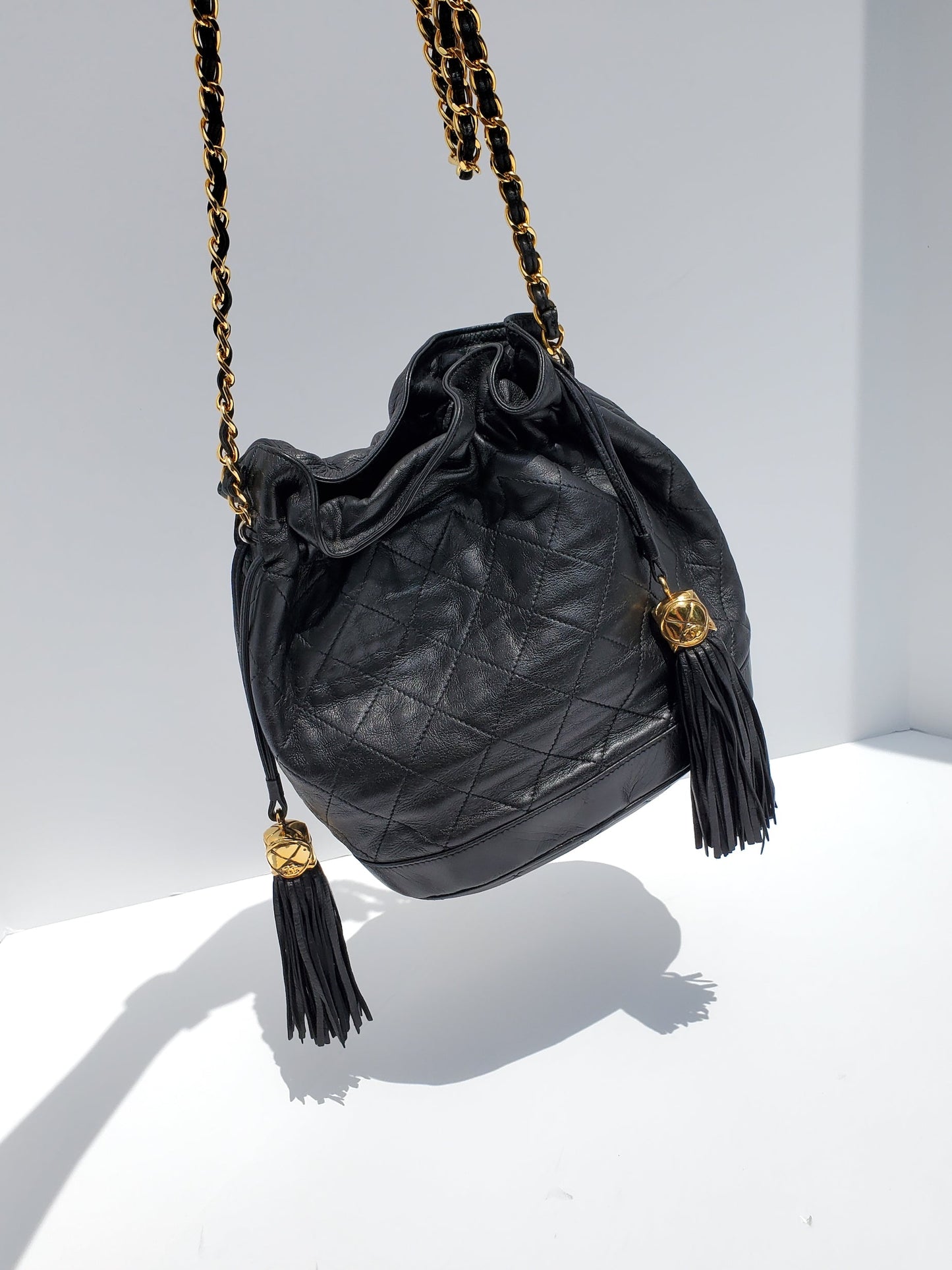 Chanel Gold Black Leather Quilted Bucket Bag